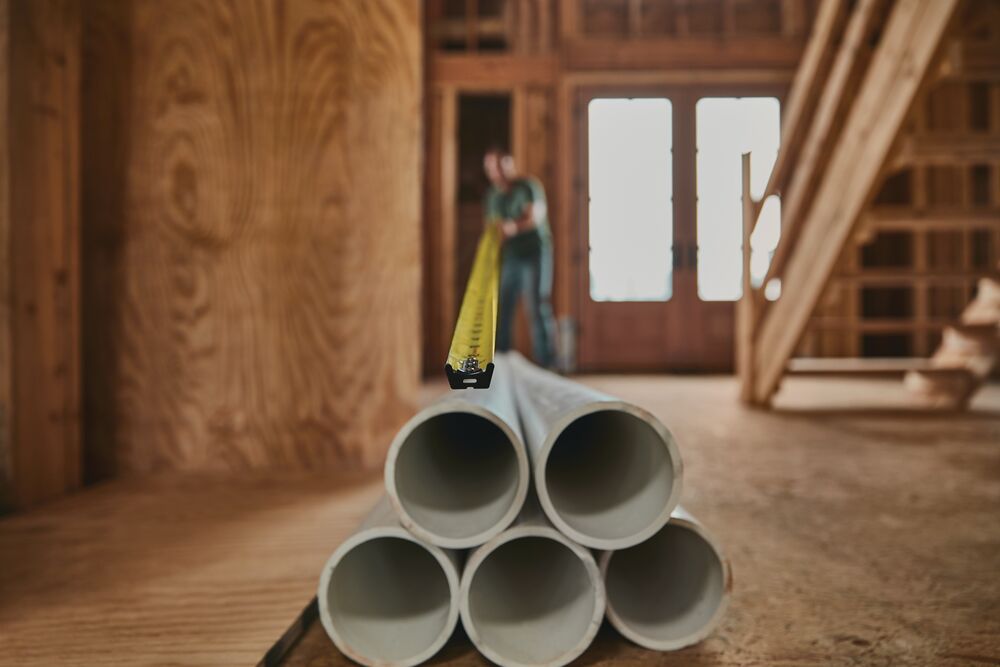 Stanley 33-725 tape measure extended across stacked pipes in a construction setting, side angle.