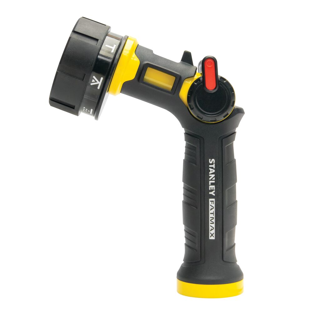 Stanley FATMAX black and yellow adjustable spray nozzle side view on white background