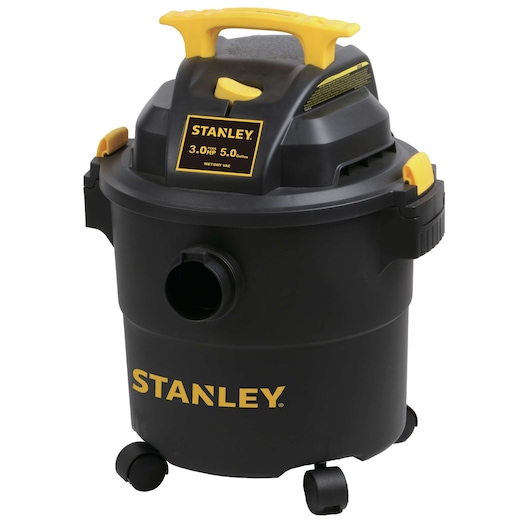 Stanley black and yellow wet/dry vacuum, front angle, 3.0 HP, 5 gallon capacity, on white background