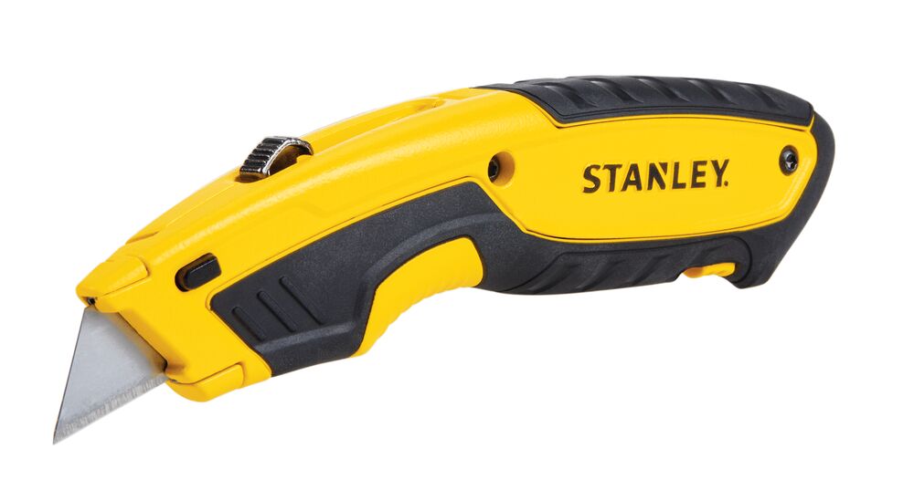 Stanley utility knife, yellow and black, side angle on white background