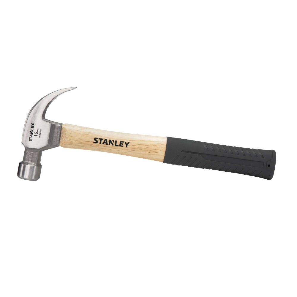 Photo of STANLEY STHT51454 claw hammer with wood handle and black grip, side angle on white background.