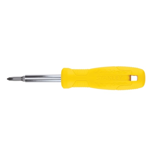 Stanley Phillips screwdriver with a yellow textured handle, side view, on white background.