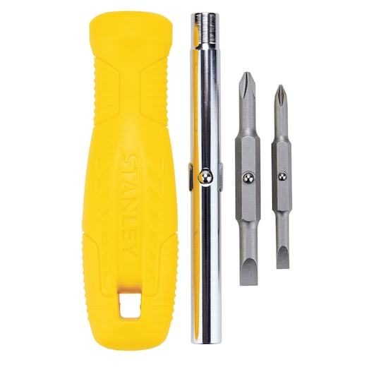 Stanley multi-bit screwdriver set front view with yellow handle, metal shaft, and two double-ended bits on white background